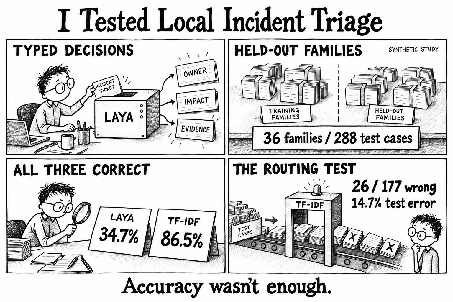 A four-panel research comic showing local Laya decisions, 36 held-out incident families, Laya and TF-IDF accuracy, and 26 errors among 177 routed classifier cases.