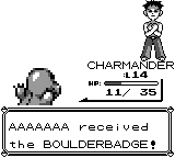 Original Pokémon Red frame showing Brock, Charmander at 11 HP, and the dialogue: AAAAAAA received the BOULDERBADGE!